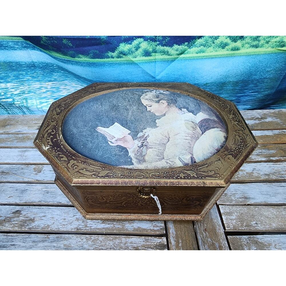 Vintage Large Gold Victorian Theme Jewelry Box Lady Reading Book-Japan Satin Top
